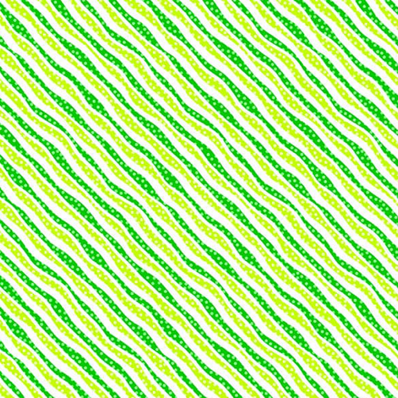 white fabric with diagonal stripes of squiggly lime green and green lines with polka dots