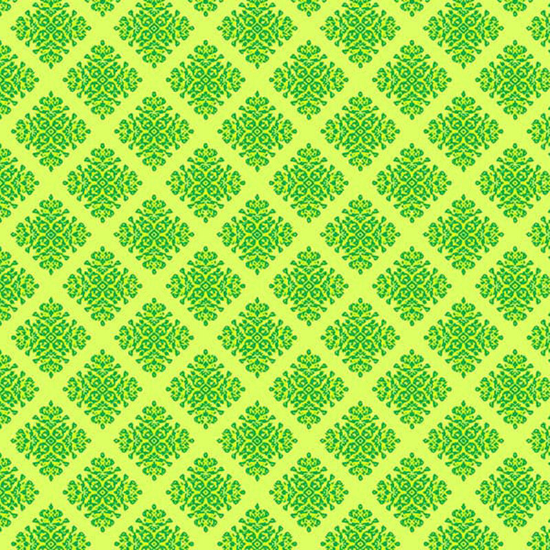 Lime green fabric featuring an intricate diamond design arranged in a repeating pattern