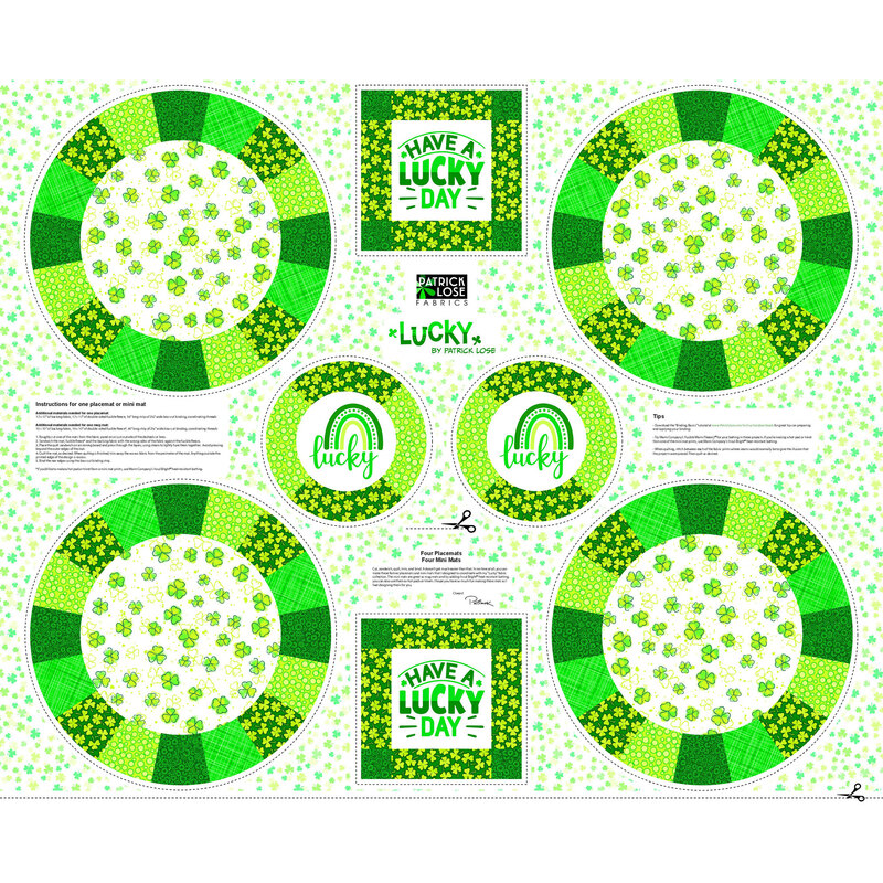 fabric placemat panel featuring St. Paddy's motifs in white and shades of green 