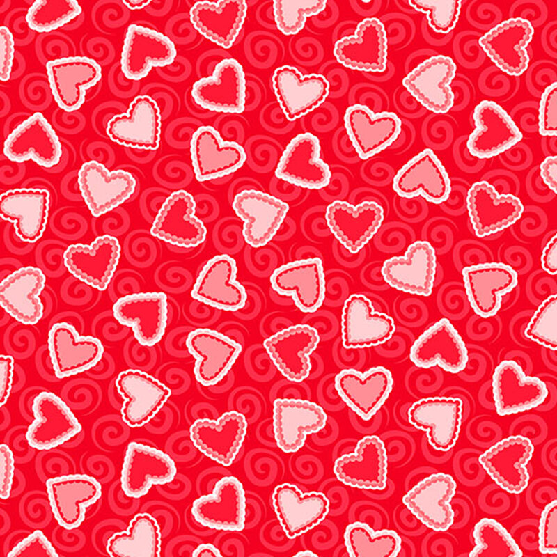 red fabric with pink and red scalloped hearts and tonal swirls in the background
