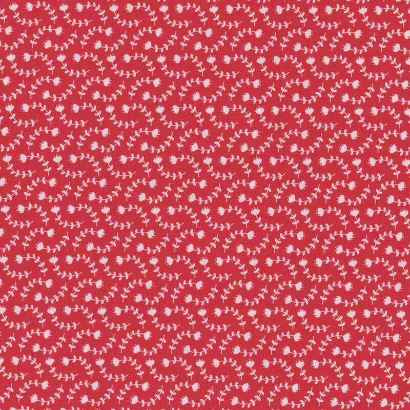 red fabric with thin white flowers and long stems in a geometric pattern