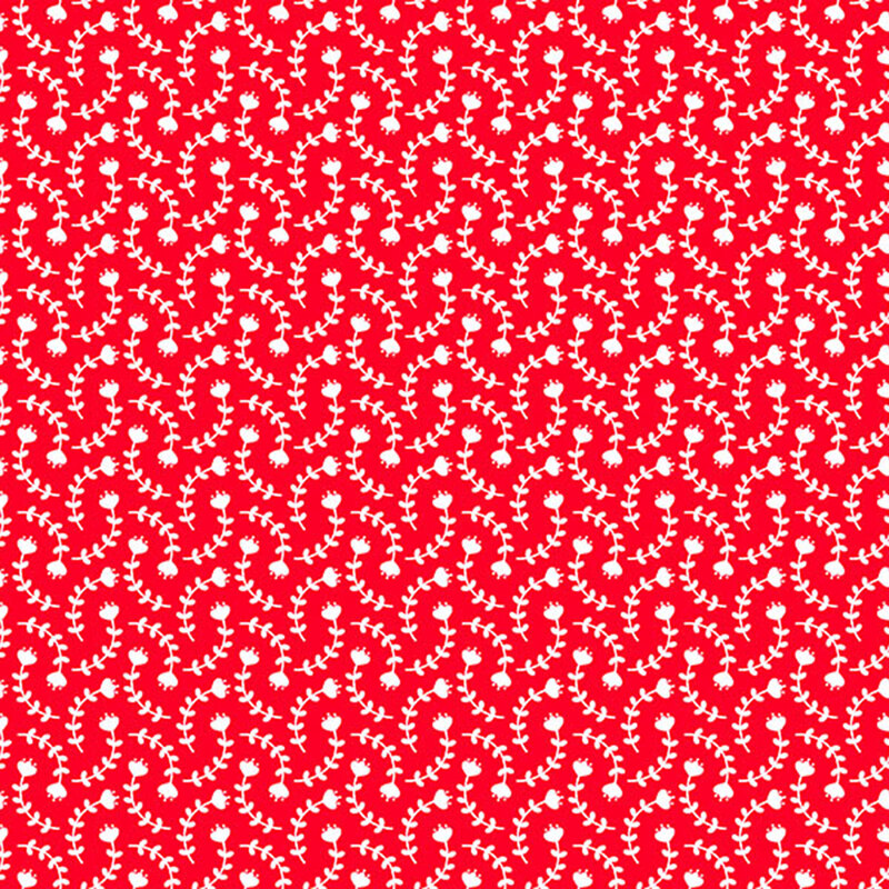 red fabric with thin white flowers and long stems in a geometric pattern