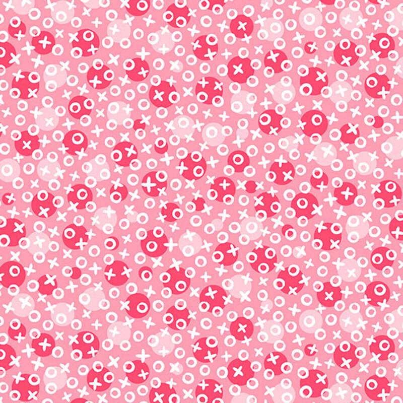 bubblegum pink fabric with monochromatic polka dots underneath scattered white x's and o's