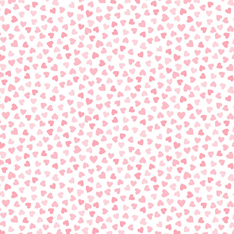 white fabric with soft shades of small scattered pink hearts