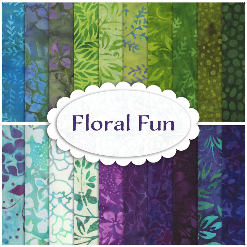 A collage of blue, green, white, and deep purple batik fabrics with a white scalloped oval and the words 