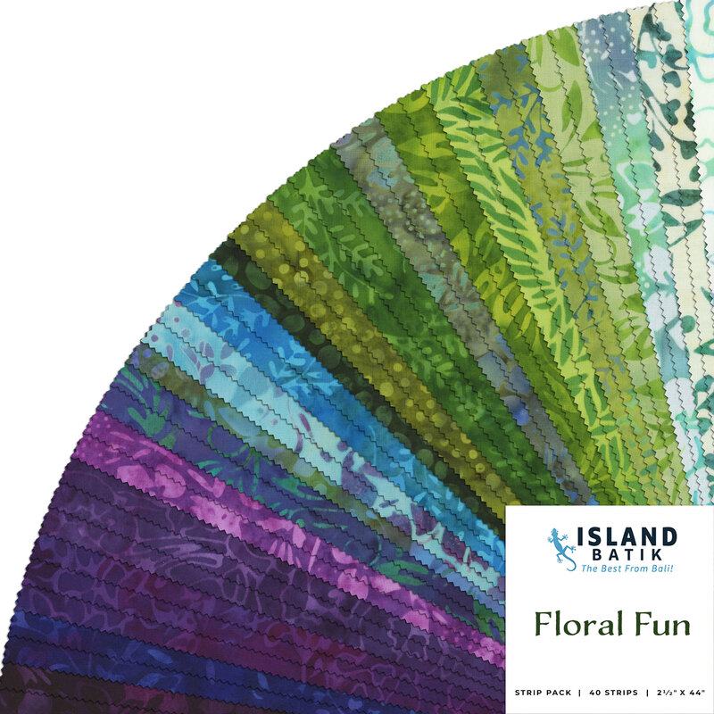 A fanned collage of white, green, blue, and purple batik fabrics with an Island Batik - Floral Fun logo