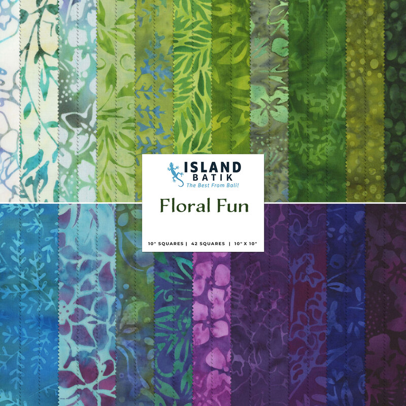 A collage of green, white, blue, and purple batik fabrics with a Island Batik - Floral Fun logo