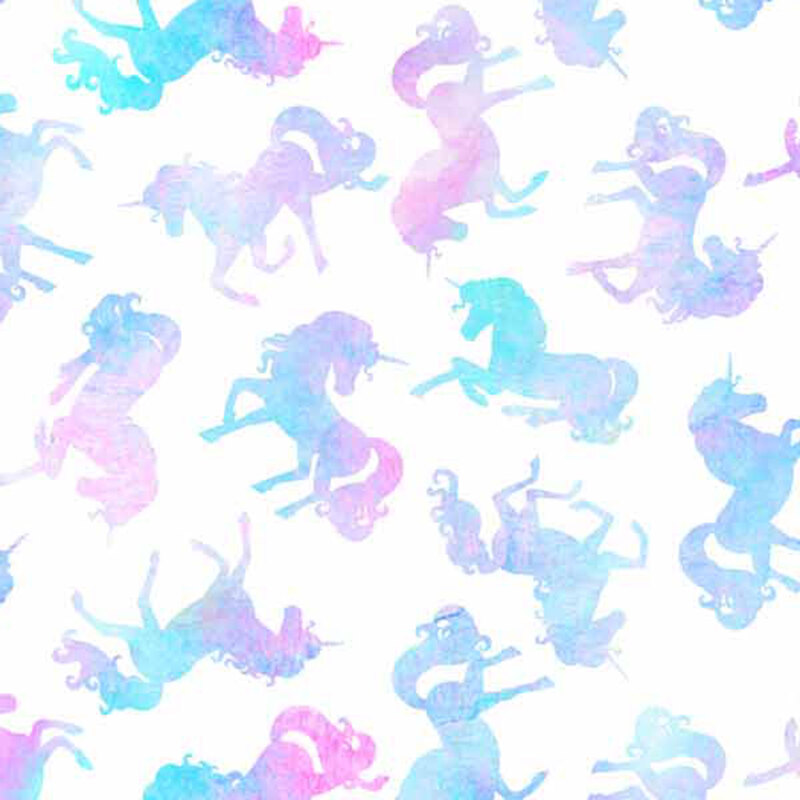 white fabric with scattered rainbow unicorns in different poses