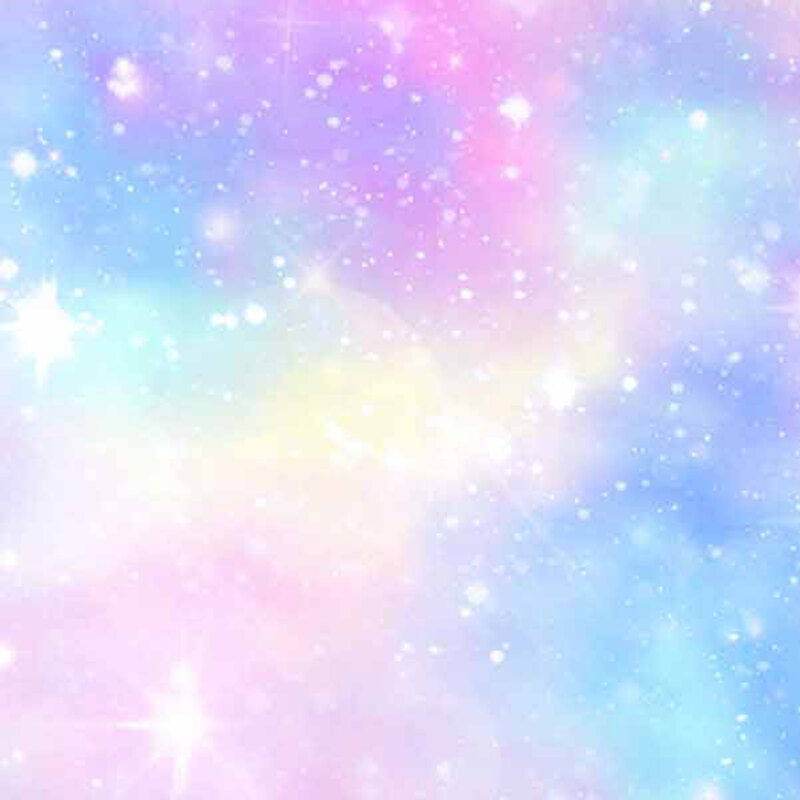 pastel rainbow galaxy fabric with scattered sparkles and stars of different sizes