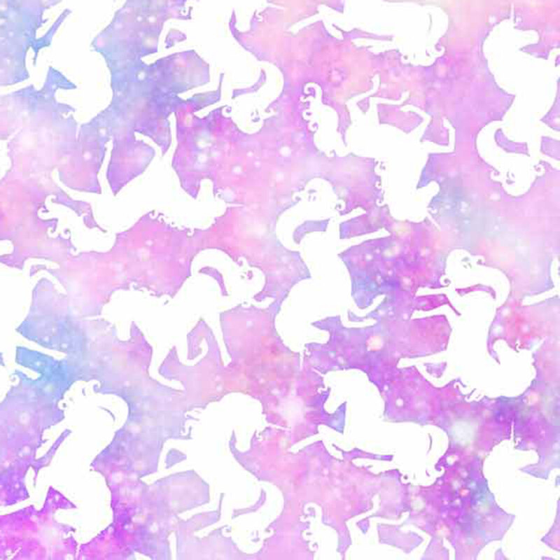 pastel rainbow galaxy fabric with scattered stars and sparkles with rotating solid white unicorns in different poses