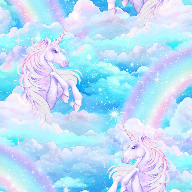 pastel blue fabric with mirrored rearing unicorns surrounded by clouds and rainbows with scattered sparkles and stars across the whole fabric