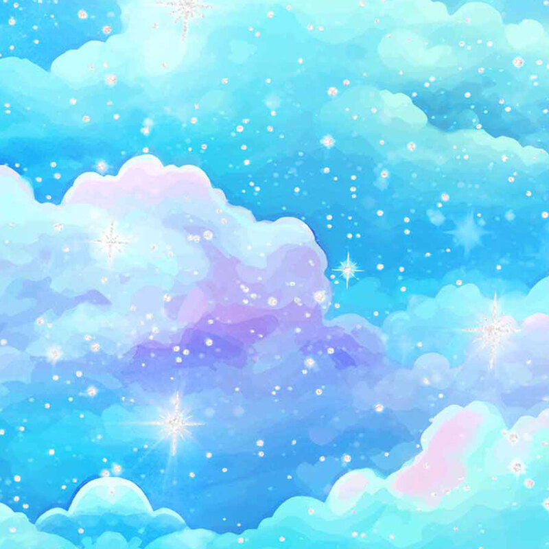 bright pastel blue and pink-purple stylized fluffy clouds covered in stars and sparkles