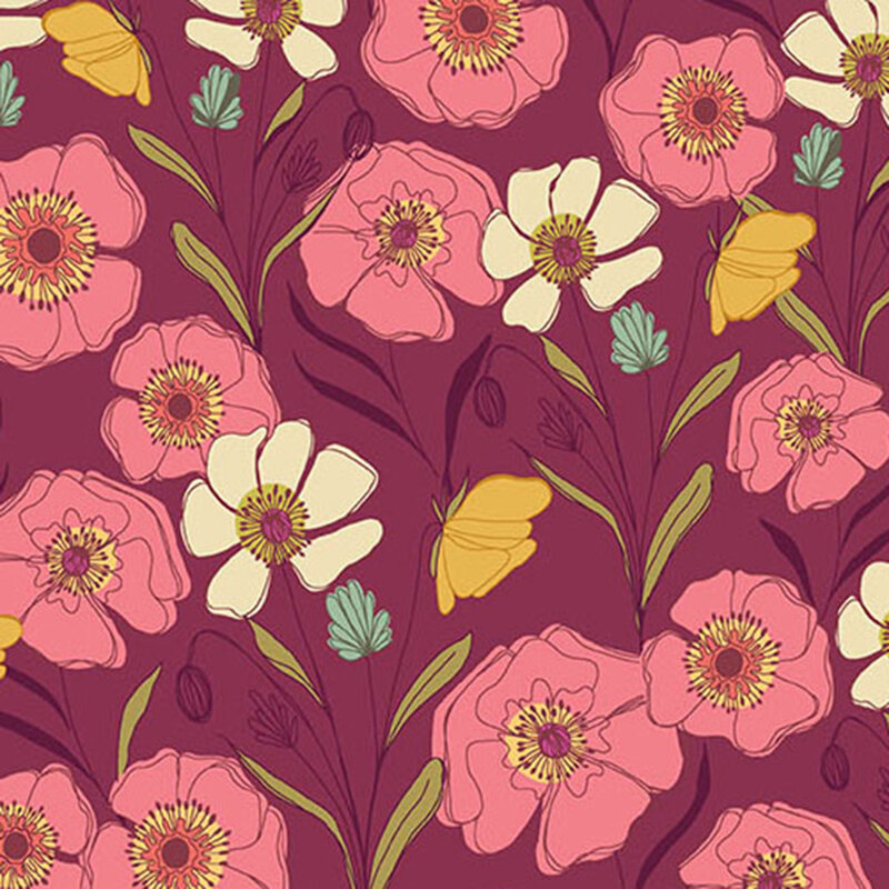 plum fabric with large pink, white, and yellow flowers with long stems and blue and colorless chive blossoms