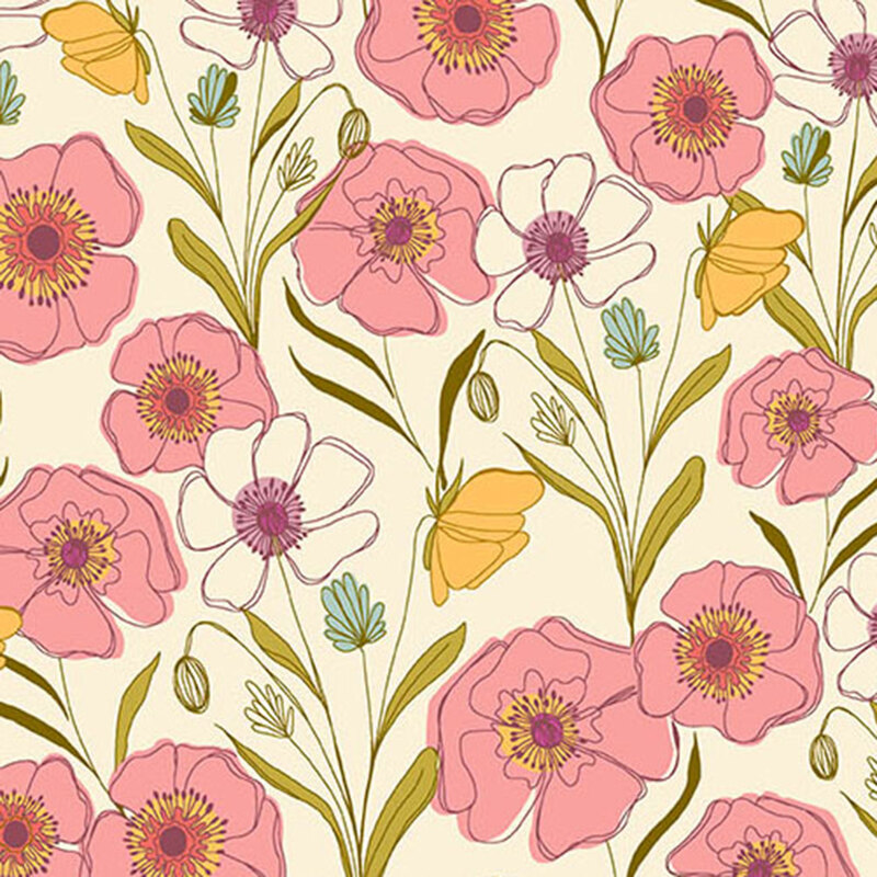 cream fabric with large pink, white, and yellow flowers with long stems and blue and white chive blossoms