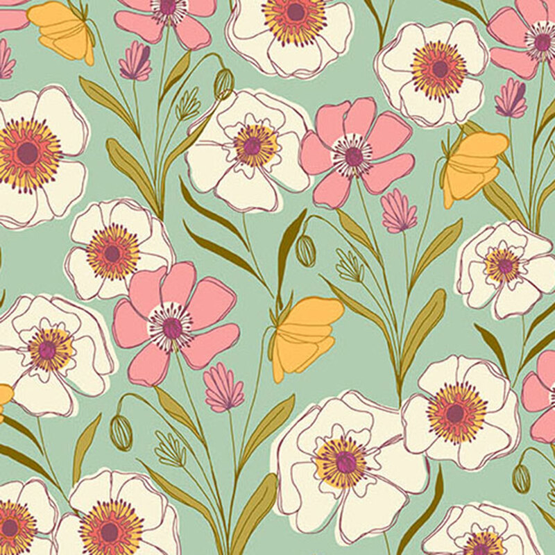 teal fabric with large pink, white, and yellow flowers with long stems and blue and colorless chive blossoms