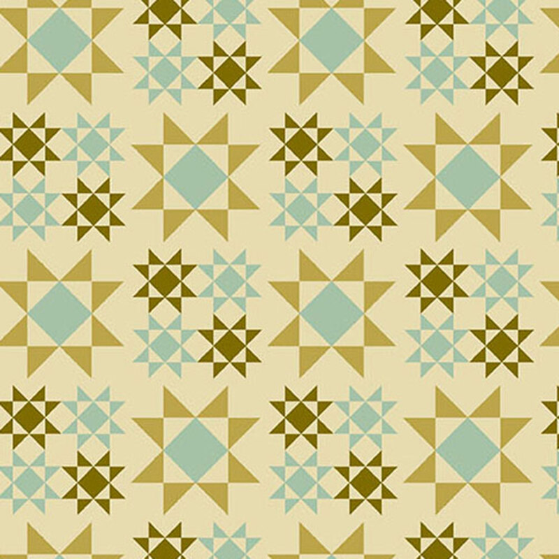 very light green fabric with large dark green and teal Sawtooth Star quilt block patterns scattered across the fabric with smaller versions in dark olive green and teal are arranged in a square formation between the larger ones