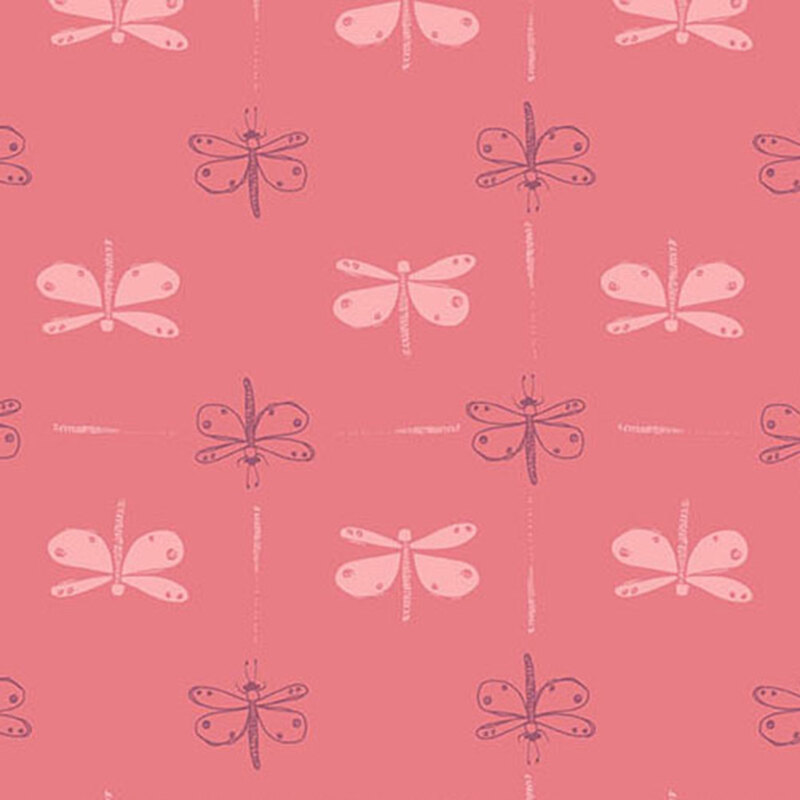 pink fabric with light pink and purple lined dragonflies arranged in alternating vertical lines