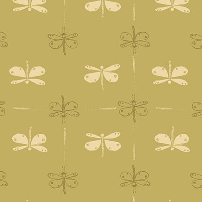 olive green fabric with cream and green lined dragonflies arranged in alternating vertical lines