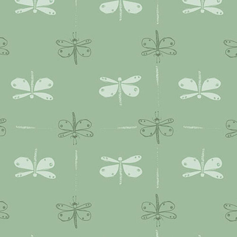 teal fabric with light blue and green lined dragonflies arranged in alternating vertical lines