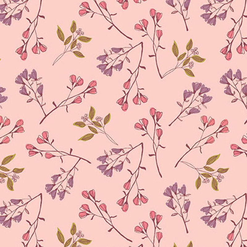 pink fabric with scattered sprigs of pink and purple flowers with thin stems and small leaves