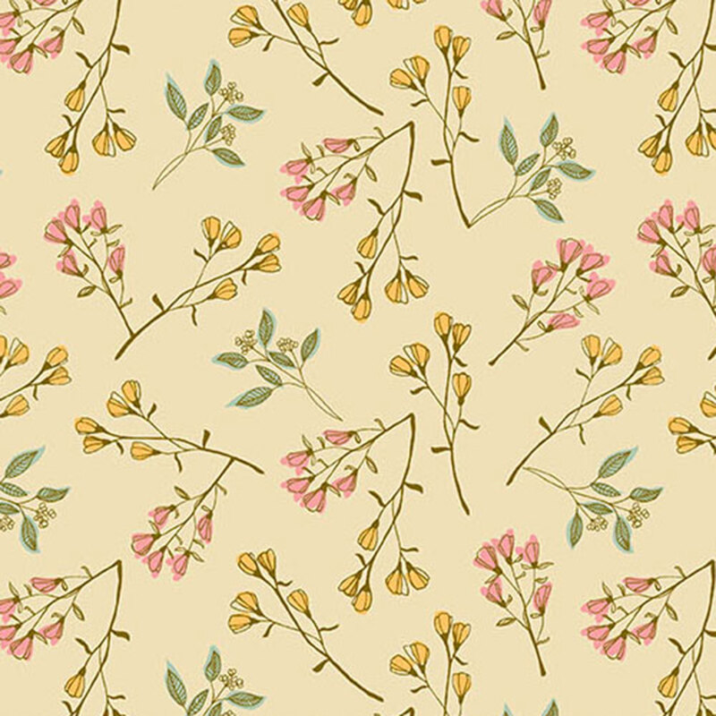 light yellow fabric with scattered sprigs of pink and yellow flowers with thin stems and small blue-overlaid leaves