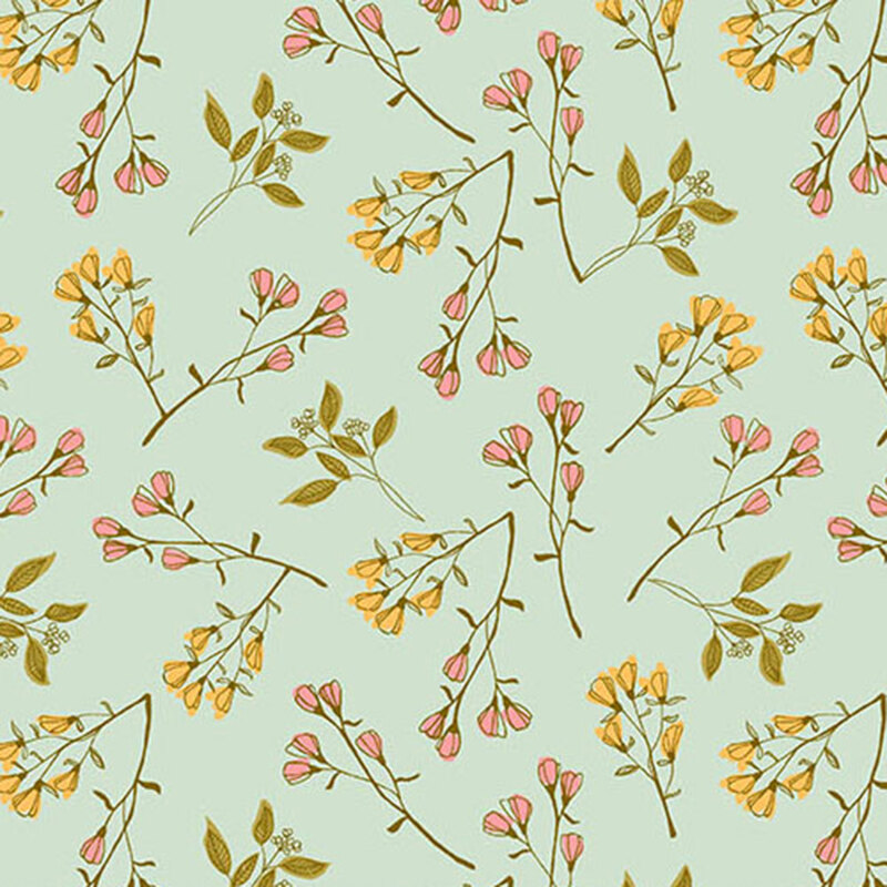 teal fabric with scattered sprigs of pink and yellow flowers with thin stems and small leaves