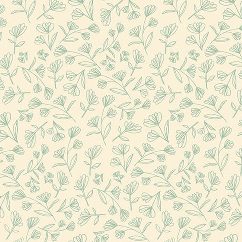 cream fabric with colorless teal-lined flowers