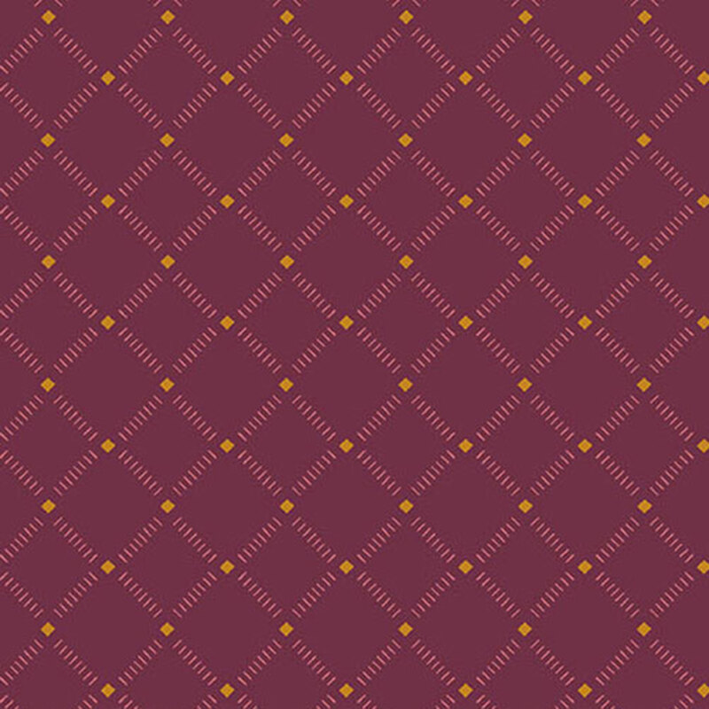 plum fabric with small diagonal lines in a light pink lattice pattern and yellow diamonds where the lines intersect