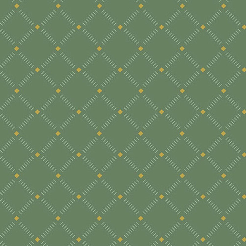 teal fabric with small diagonal lines in a light green lattice pattern and yellow diamonds where the lines intersect