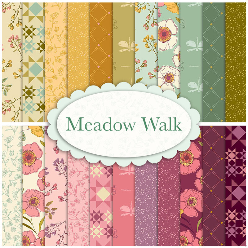 collage of fabrics in Meadow Walk featuring flowers, dragonflies, scattered dots, and geometric shapes in purple, pink, green, yellow, teal, and cream