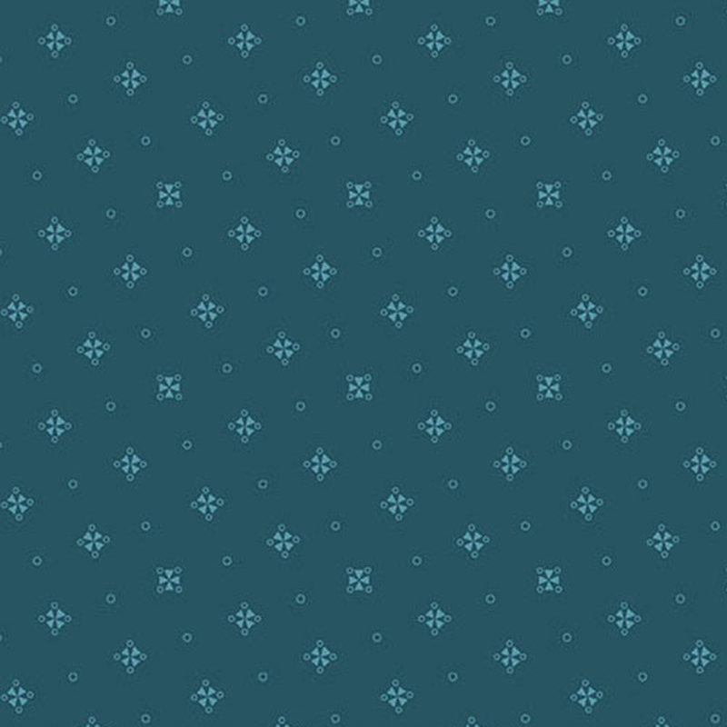 Teal fabric scattered with pinwheels and small torus shapes