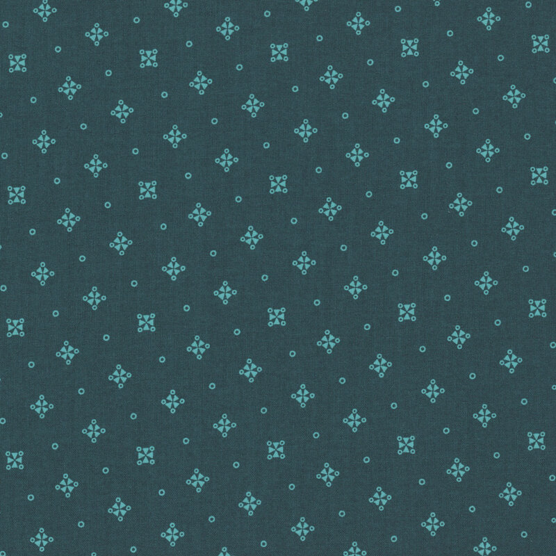 Teal fabric scattered with pinwheels and small torus shapes