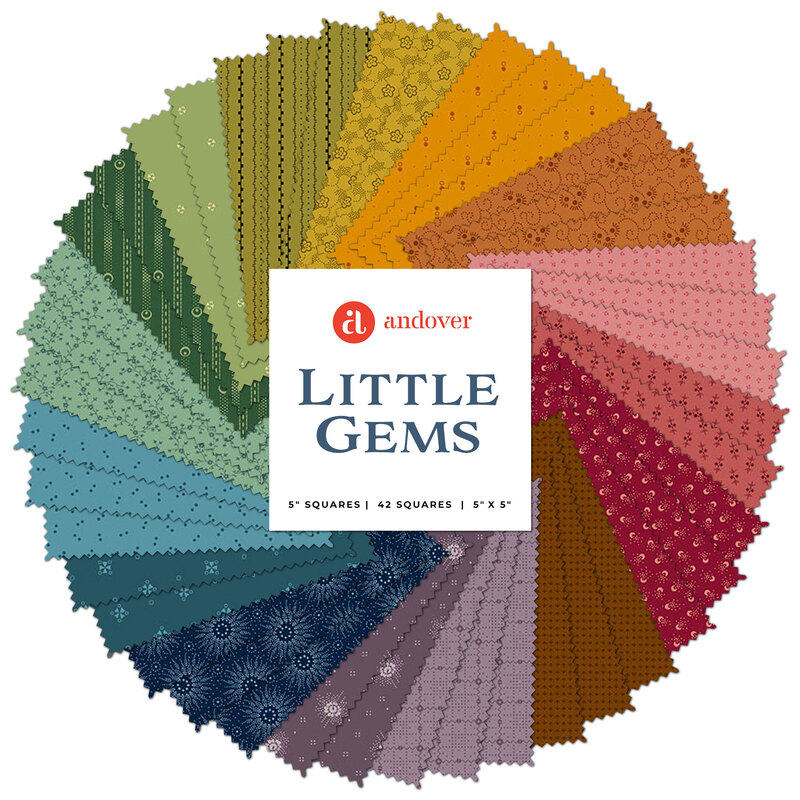 Collage of fabrics in Little Gems charm pack featuring various colorful patterns
