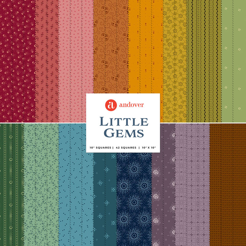 Collage of fabrics in Little Gems layer cake featuring various colorful patterns