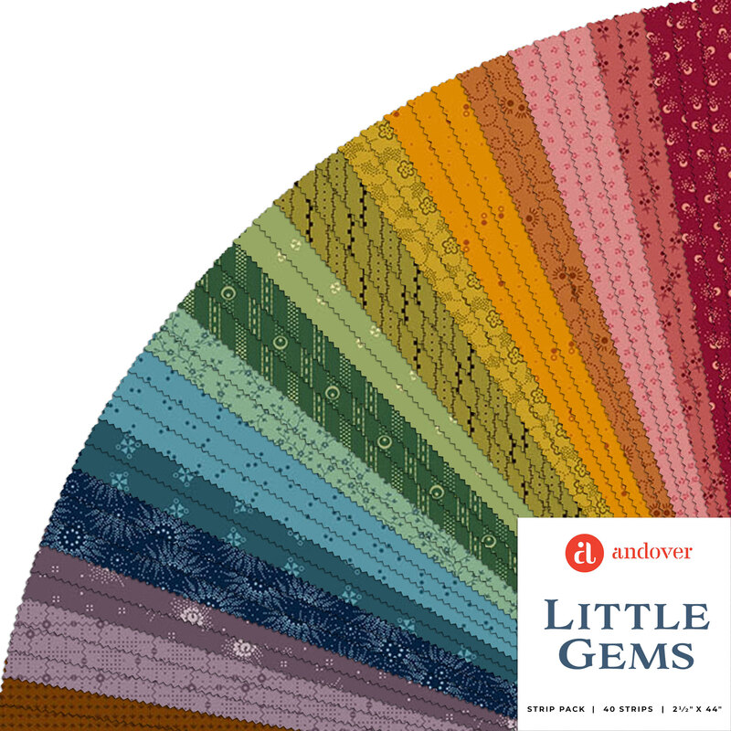 Collage of fabrics in Little Gems Jelly Roll featuring various colorful patterns