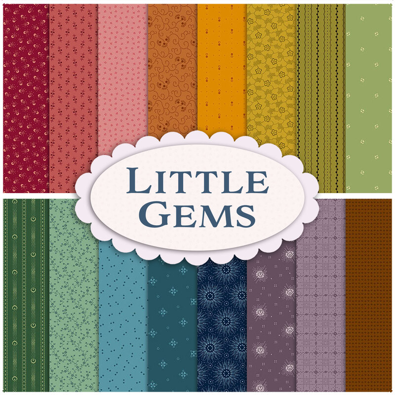 Collage of fabrics in Little Gems FQ set featuring various colorful patterns