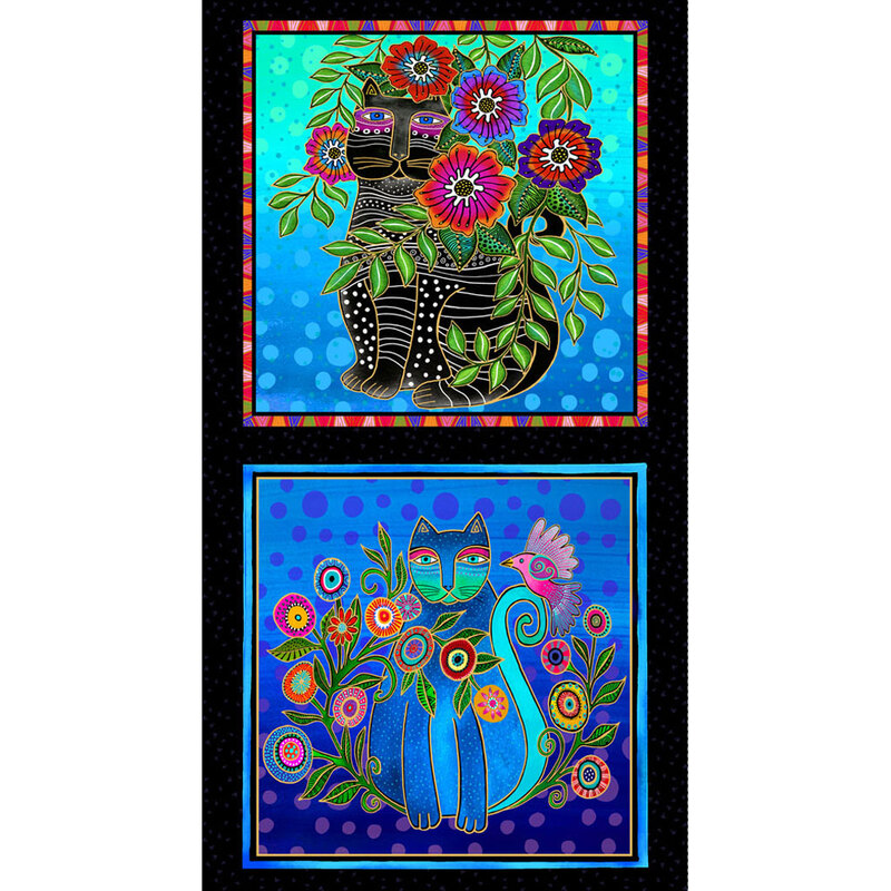 A bright quilting fabric panel with large blocks with colorful stylized cats 