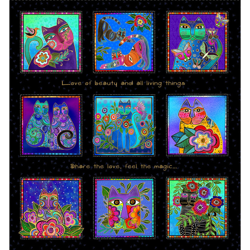 Black fabric with 9 large blocks each with a colorful, stylized cat portrait