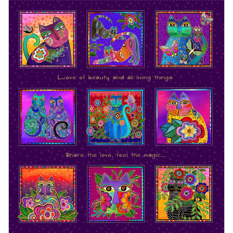 Purple fabric with 9 large blocks each featuring a colorful, stylized cat