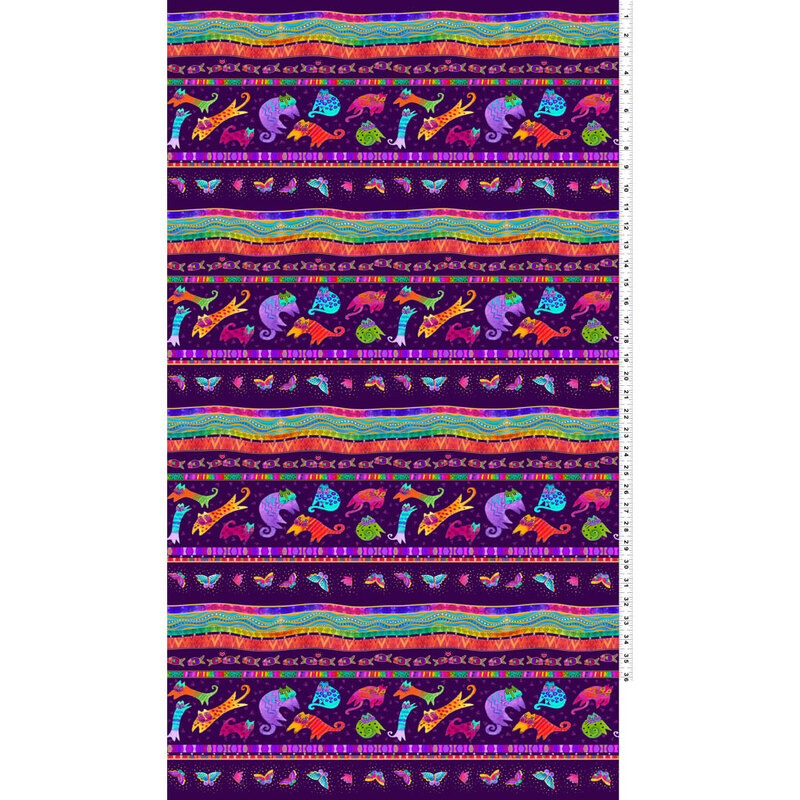 Purple border stripe fabric with colorful stripes and cats