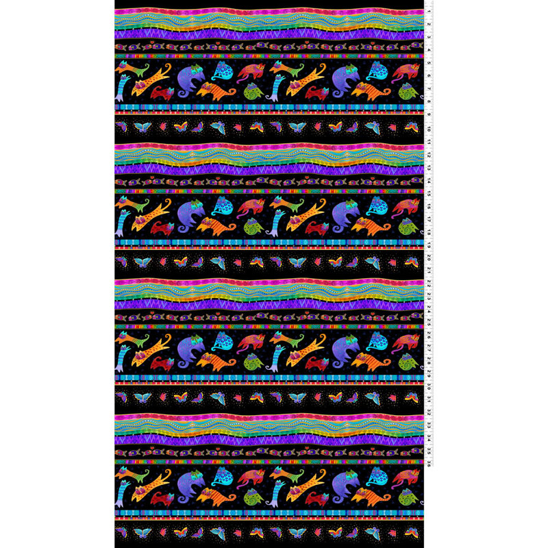 Border stripe fabric with colorful stripes and cats against a black background