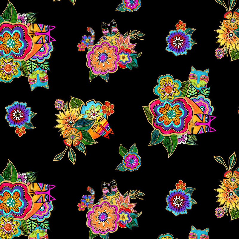 Black fabric with colorful, stylized floral clusters and cats