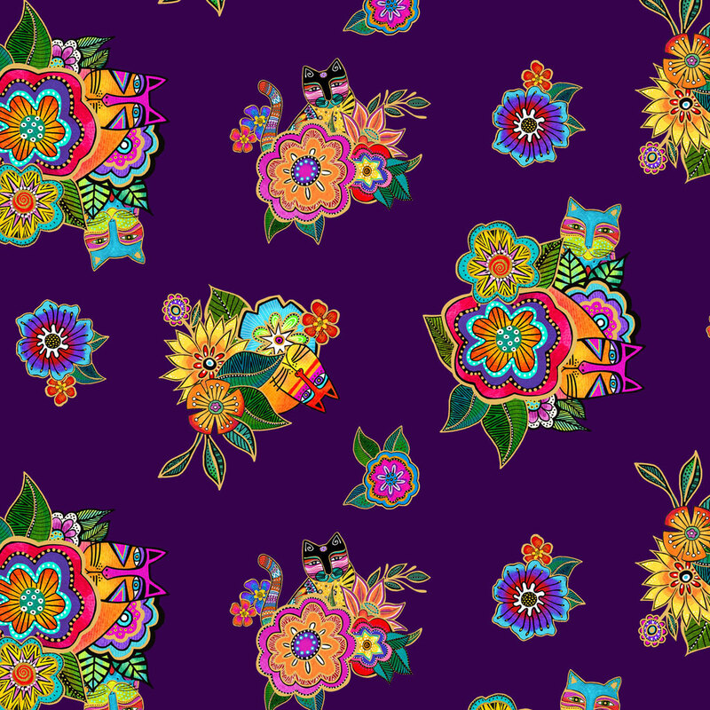 Purple fabric with colorful, stylized floral clusters and cats