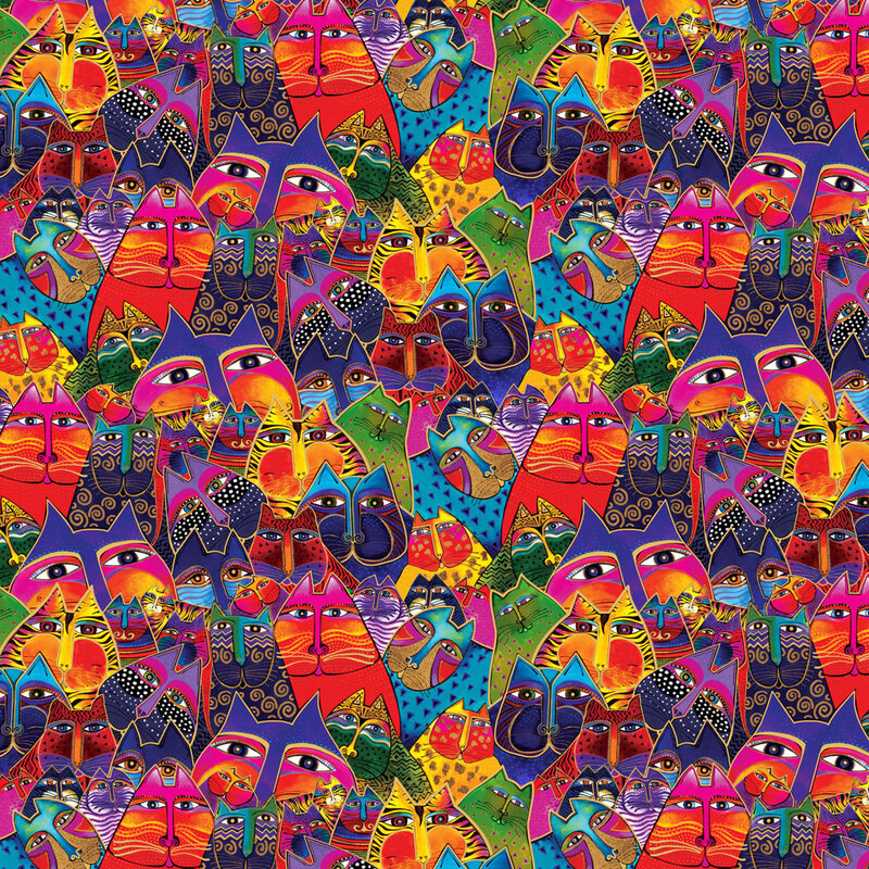 Bright, multi color fabric with packed stylized cat portraits all over