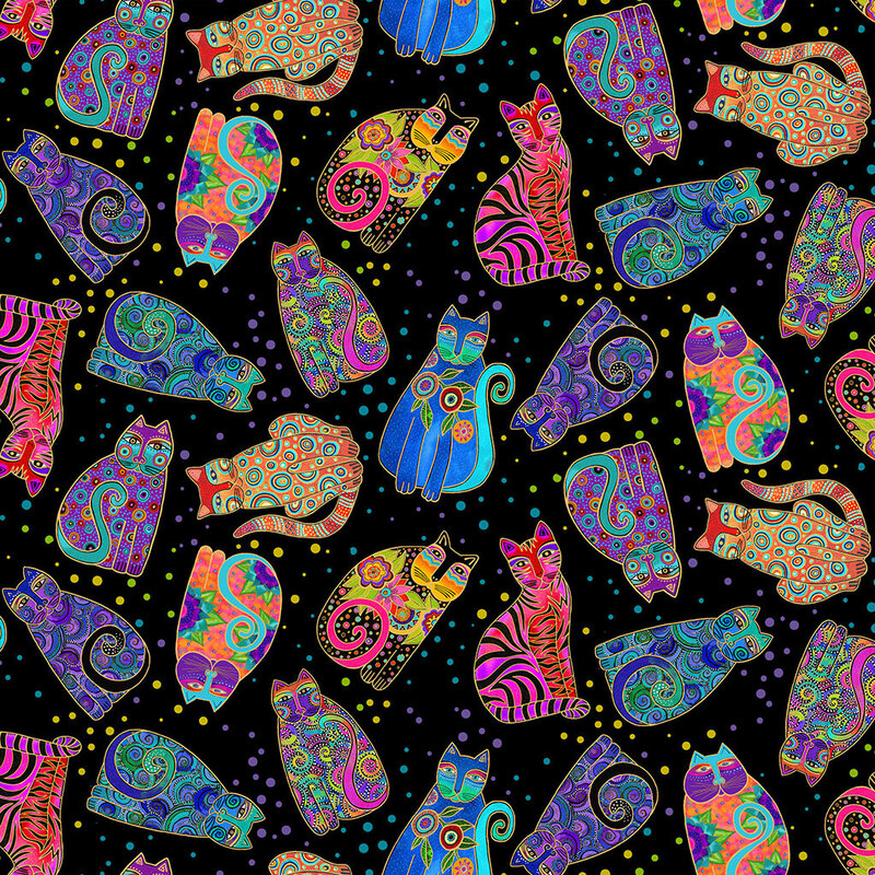 Black fabric with stars and colorful, stylized tossed cats all over