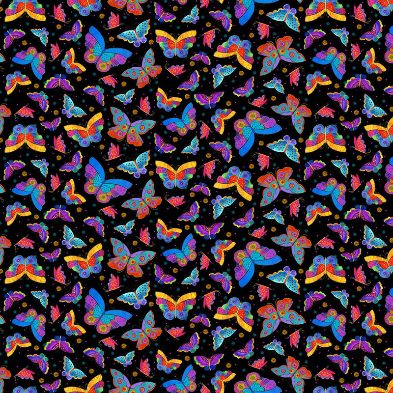 Black fabric with bright, colorful and stylized butterflies all over