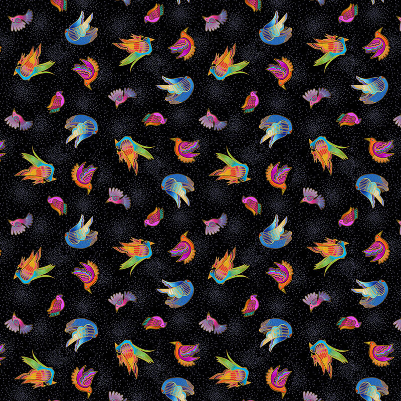 Black fabric with colorful, stylized, ditsy birds all over