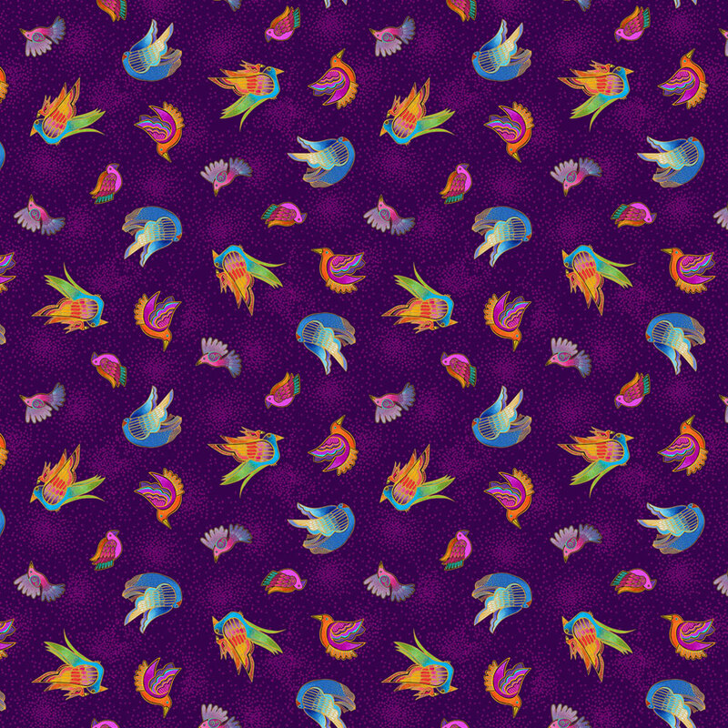 Purple fabric with colorful, stylized, ditsy birds all over