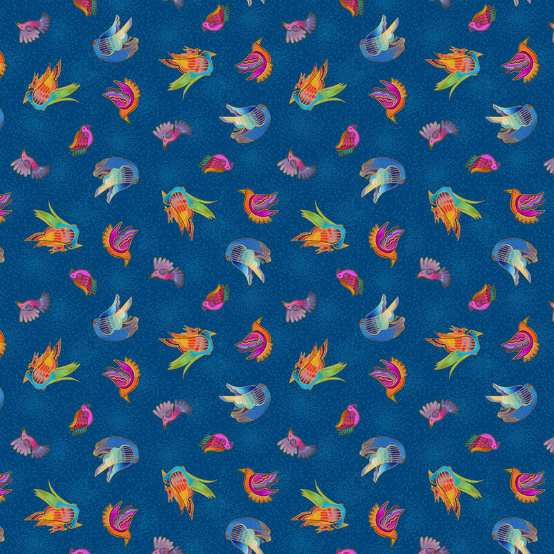 Ocean blue fabric with colorful, stylized, ditsy birds all over