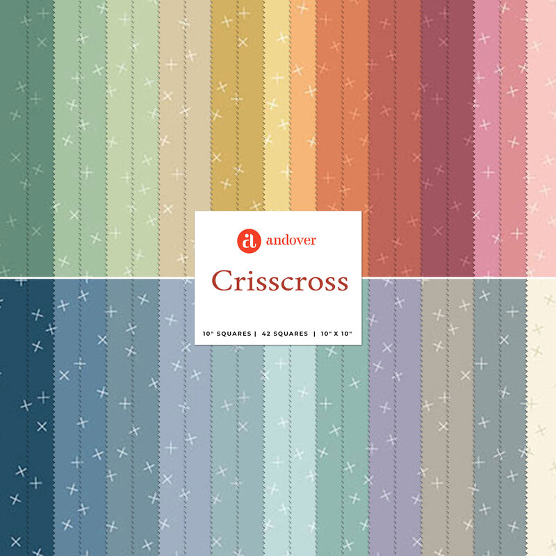 A stacked collage of colorful fabrics with a logo in the middle saying Andover and Crisscross